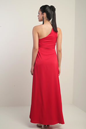 Kadın Tek Omuz Yan Pencere Detaylı Uzun Krep Saten Elbise