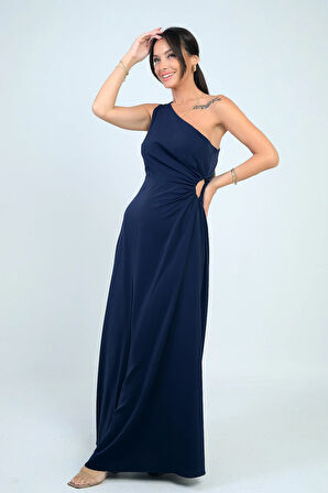 Kadın Tek Omuz Yan Pencere Detaylı Uzun Krep Saten Elbise