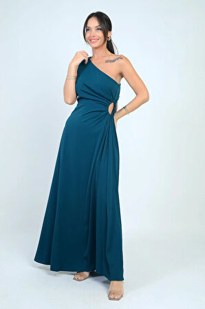 Kadın Tek Omuz Yan Pencere Detaylı Uzun Krep Saten Elbise