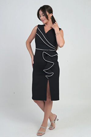 Kadın Kruvaze Yaka Yırtmaç Ve Volan Detaylı Parlak Şeritli Astarlı Krep Kısa Elbise