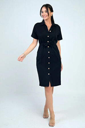 Kadın Ön Bağlamalı Cepli Önü Düğmeli Astarlı Kısa Lyocell Elbise