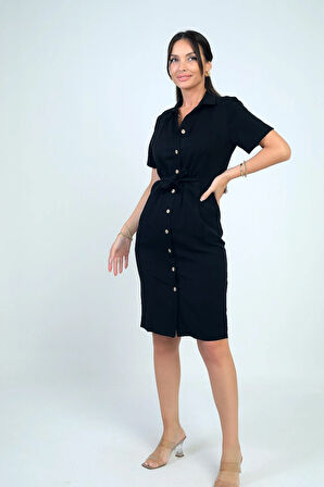 Kadın Ön Bağlamalı Cepli Önü Düğmeli Astarlı Kısa Lyocell Elbise