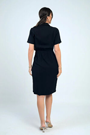 Kadın Ön Bağlamalı Cepli Önü Düğmeli Astarlı Kısa Lyocell Elbise