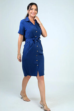 Kadın Ön Bağlamalı Cepli Önü Düğmeli Astarlı Kısa Lyocell Elbise