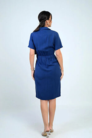 Kadın Ön Bağlamalı Cepli Önü Düğmeli Astarlı Kısa Lyocell Elbise