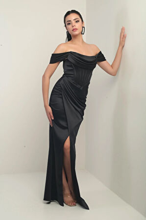 Kadın Straplez Düşük Kollu Astarlı Balenli Saten Uzun Elbise