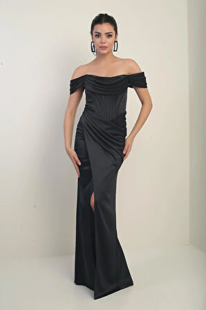 Kadın Straplez Düşük Kollu Astarlı Balenli Saten Uzun Elbise