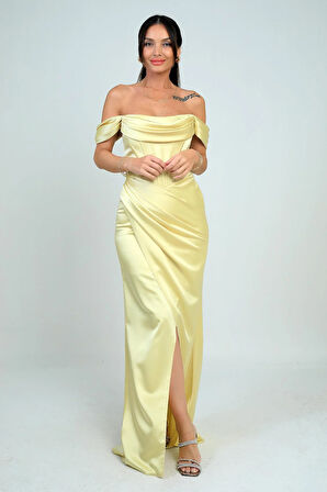 Kadın Straplez Düşük Kollu Astarlı Balenli Saten Uzun Elbise