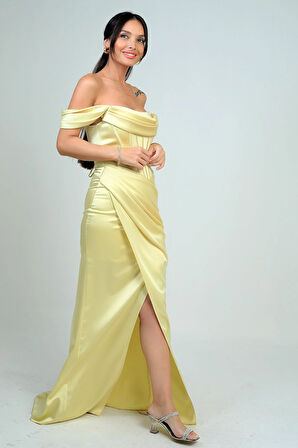 Kadın Straplez Düşük Kollu Astarlı Balenli Saten Uzun Elbise