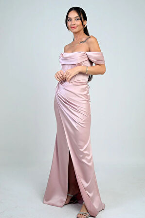 Kadın Straplez Düşük Kollu Astarlı Balenli Saten Uzun Elbise