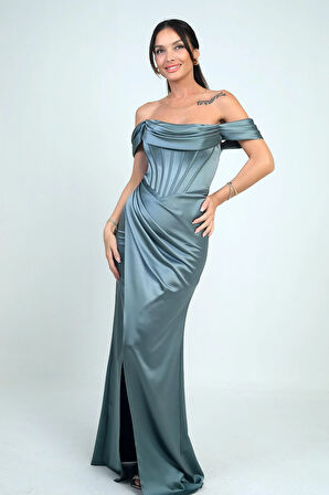 Kadın Straplez Düşük Kollu Astarlı Balenli Saten Uzun Elbise