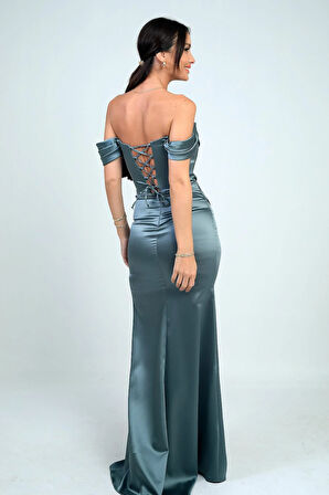 Kadın Straplez Düşük Kollu Astarlı Balenli Saten Uzun Elbise