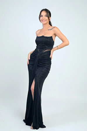 Kadın Straplez Önü Büzgülü Astarlı Simli Uzun Elbise