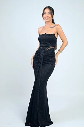 Kadın Straplez Önü Büzgülü Astarlı Simli Uzun Elbise