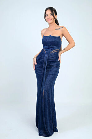 Kadın Straplez Önü Büzgülü Astarlı Simli Uzun Elbise