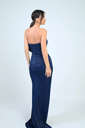 Kadın Straplez Önü Büzgülü Astarlı Simli Uzun Elbise