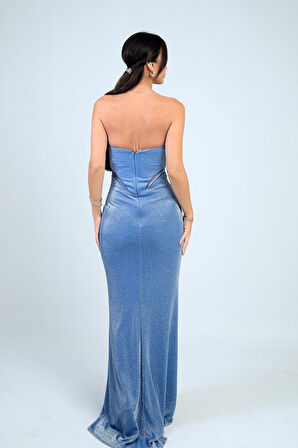 Kadın Straplez Önü Büzgülü Astarlı Simli Uzun Elbise