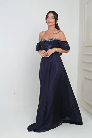 Kadın Parlak Taş Detaylı Straplez Düşük Kollu Organze Uzun Elbise