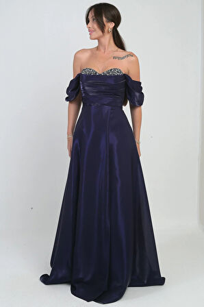 Kadın Parlak Taş Detaylı Straplez Düşük Kollu Organze Uzun Elbise