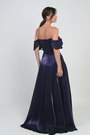 Kadın Parlak Taş Detaylı Straplez Düşük Kollu Organze Uzun Elbise