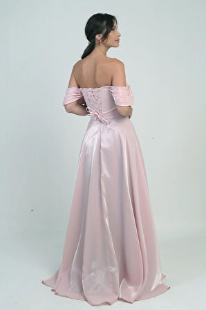 Kadın Parlak Taş Detaylı Straplez Düşük Kollu Organze Uzun Elbise