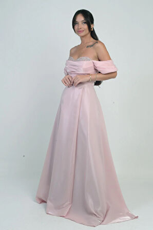 Kadın Parlak Taş Detaylı Straplez Düşük Kollu Organze Uzun Elbise