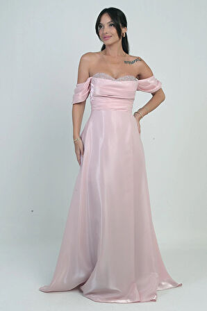 Kadın Parlak Taş Detaylı Straplez Düşük Kollu Organze Uzun Elbise