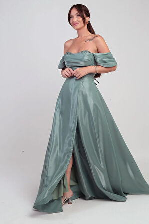 Kadın Parlak Taş Detaylı Straplez Düşük Kollu Organze Uzun Elbise