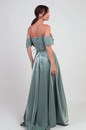 Kadın Parlak Taş Detaylı Straplez Düşük Kollu Organze Uzun Elbise