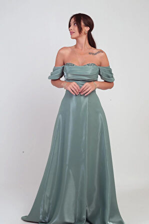 Kadın Parlak Taş Detaylı Straplez Düşük Kollu Organze Uzun Elbise