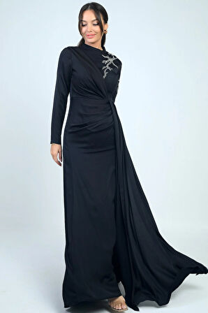 Taş İşlemeli Önü Büzgülü Astarlı Krep Saten Tesettür Elbise