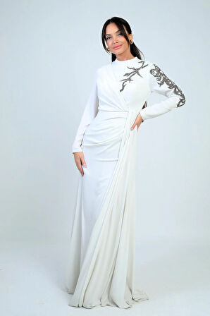 Taş İşlemeli Önü Büzgülü Astarlı Krep Saten Tesettür Elbise