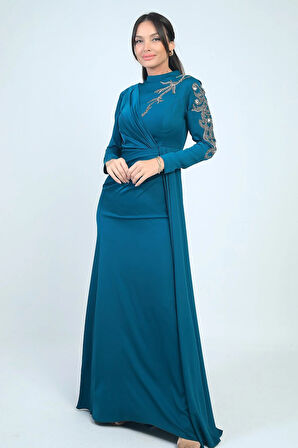 Taş İşlemeli Önü Büzgülü Astarlı Krep Saten Tesettür Elbise