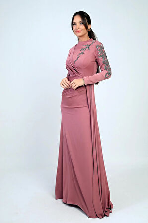 Taş İşlemeli Önü Büzgülü Astarlı Krep Saten Tesettür Elbise