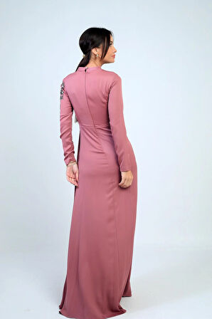 Taş İşlemeli Önü Büzgülü Astarlı Krep Saten Tesettür Elbise