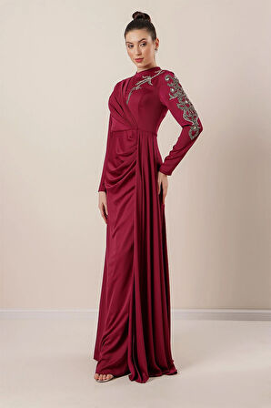 Taş İşlemeli Önü Büzgülü Astarlı Krep Saten Tesettür Elbise