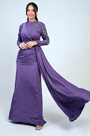 Taş İşlemeli Önü Büzgülü Astarlı Krep Saten Tesettür Elbise