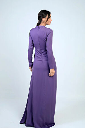 Taş İşlemeli Önü Büzgülü Astarlı Krep Saten Tesettür Elbise