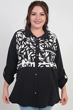 Kadın Kol Katlamalı Fırça Desenli Cep Kapaklı Büyük Beden Gömlek