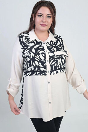 Kadın Kol Katlamalı Fırça Desenli Cep Kapaklı Büyük Beden Gömlek