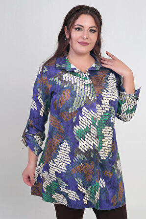 Kadın Batik Desenli Büyük Beden Krep Saten Uzun Gömlek