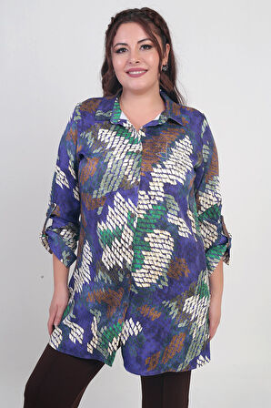 Kadın Batik Desenli Büyük Beden Krep Saten Uzun Gömlek