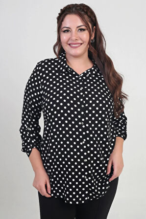 Kadın Kol Katlamalı Puantiyeli Büyük Beden Gömlek