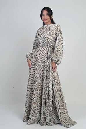 Kadın Önü Büzgülü Mendil Detaylı Yılan Desenli Krep Saten Uzun Elbise