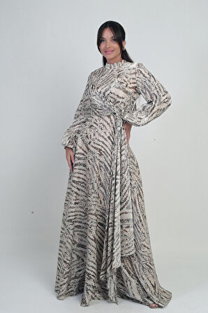 Kadın Önü Büzgülü Mendil Detaylı Yılan Desenli Krep Saten Uzun Elbise