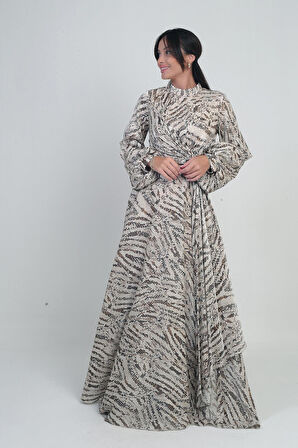 Kadın Önü Büzgülü Mendil Detaylı Yılan Desenli Krep Saten Uzun Elbise