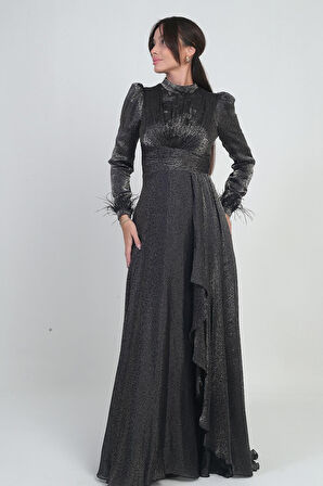 Kadın Önü Drapeli Volan Detaylı Astarlı Kol Uçları Tüylü Griter Şifon Uzun Kloş Elbise