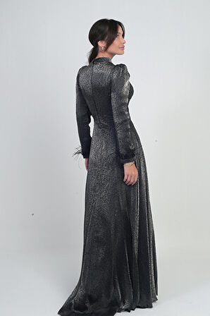 Kadın Önü Drapeli Volan Detaylı Astarlı Kol Uçları Tüylü Griter Şifon Uzun Kloş Elbise