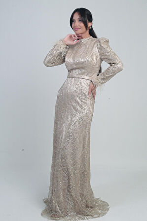 Kadın Kolu Tüylü Boncuk Ve Pullu Astarlı Tül Uzun Elbise