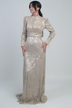 Kadın Kolu Tüylü Boncuk Ve Pullu Astarlı Tül Uzun Elbise